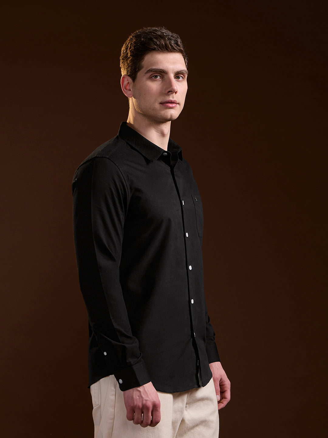 Men Classic Black Solid Slim Fit Polyester Casual Shirt