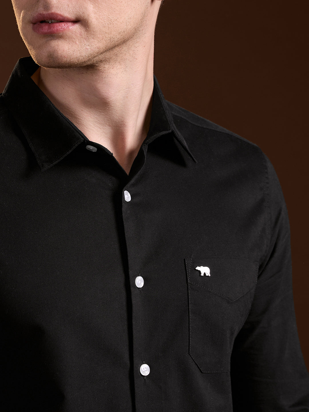 Men Classic Black Solid Slim Fit Polyester Casual Shirt