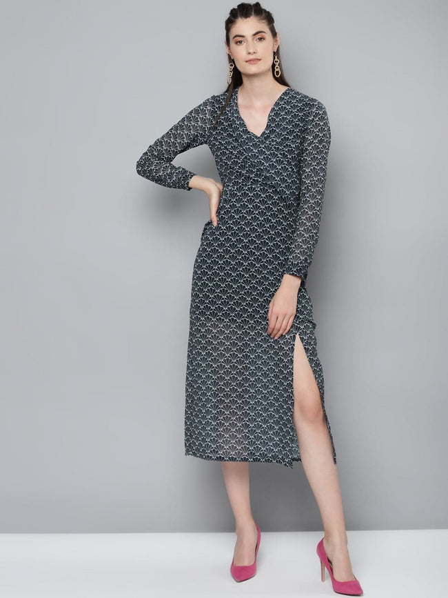 Women Navy Floral Geo Print Wrap