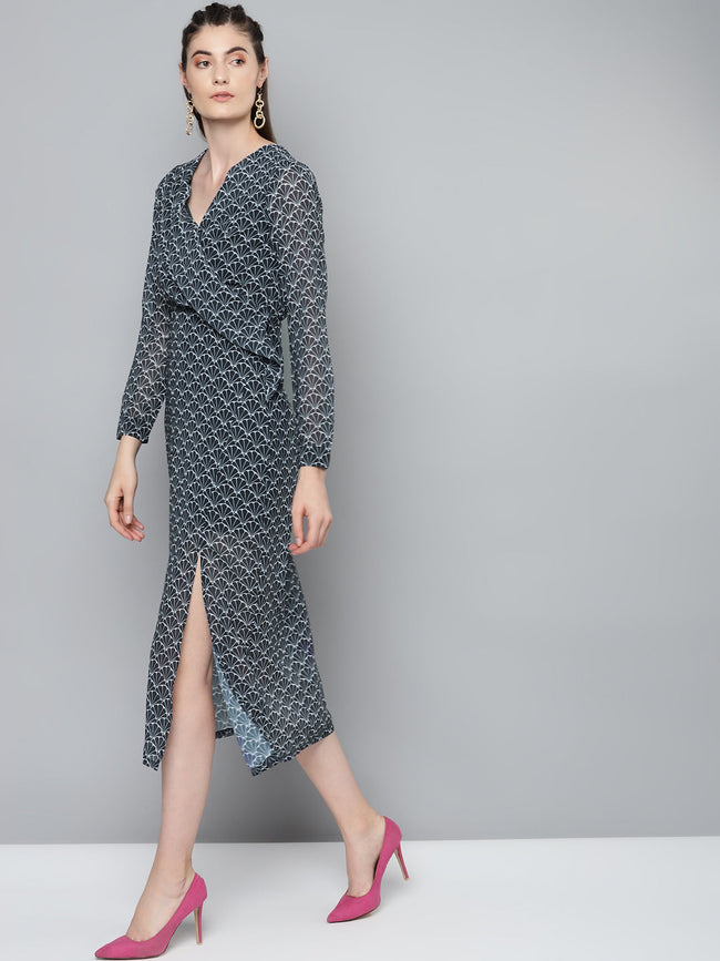Women Navy Floral Geo Print Wrap