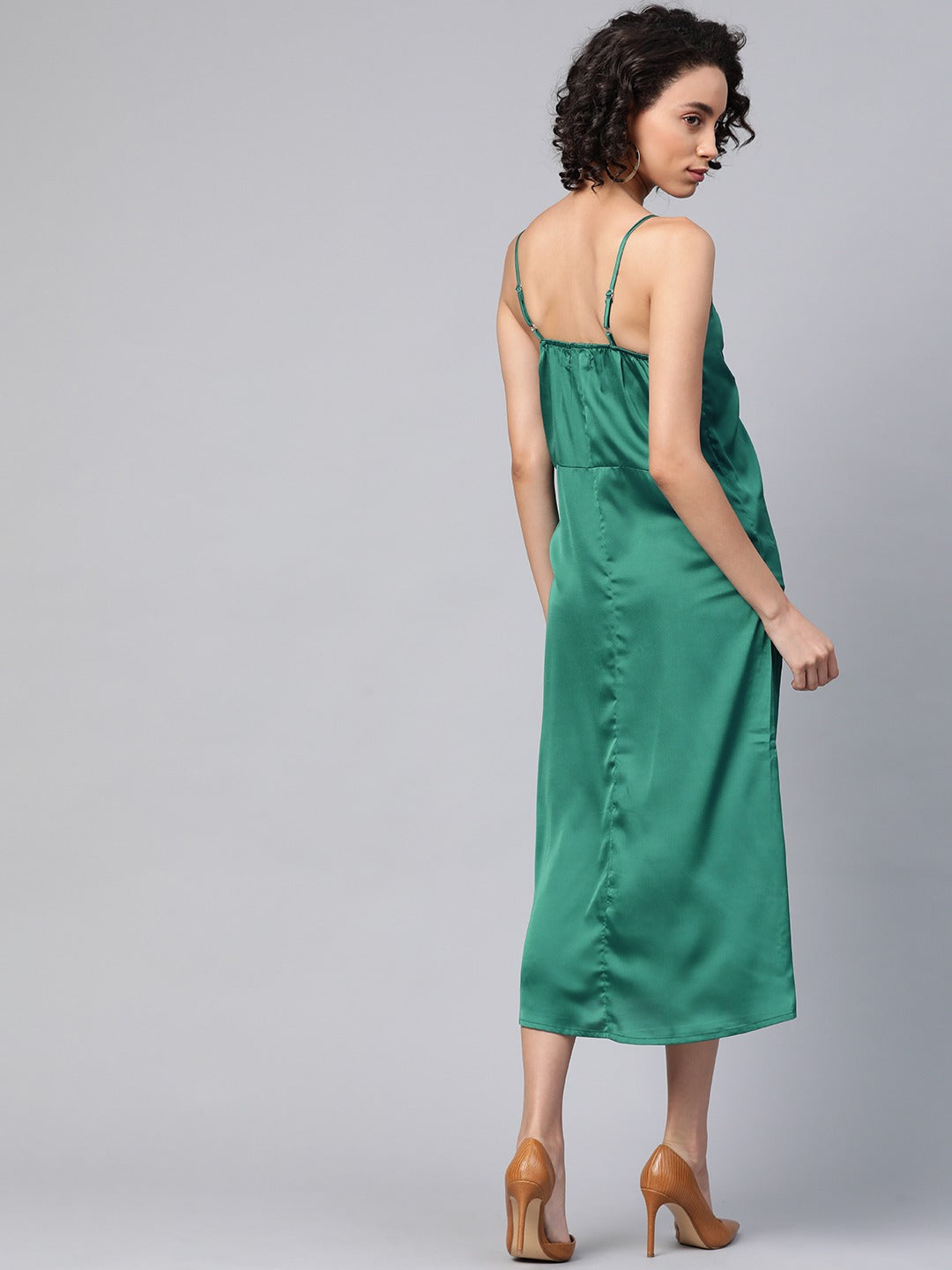 Women Green Front Rouched Slip Dress