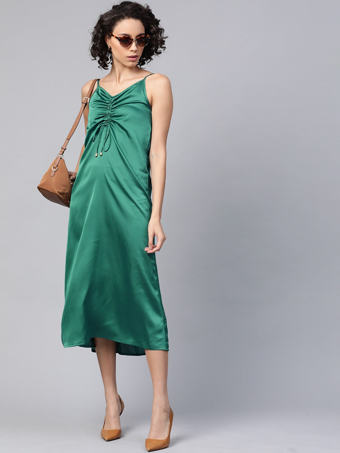 Women Green Front Rouched Slip Dress