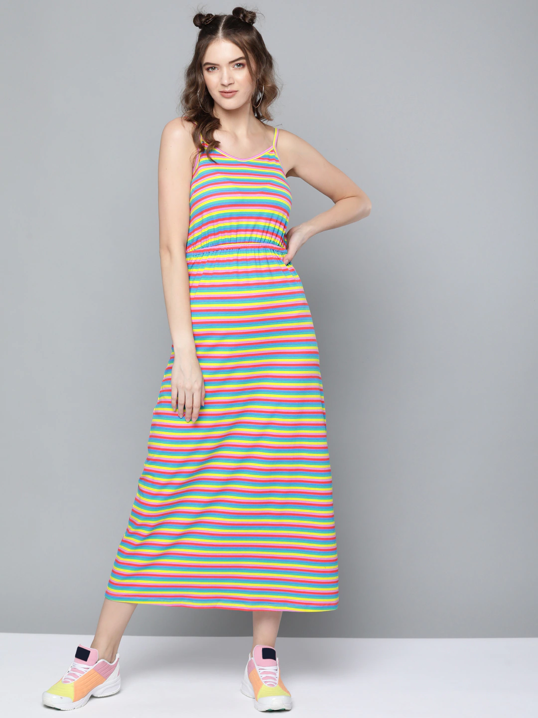 Women Rainbow Stripes Strappy Maxi Dress