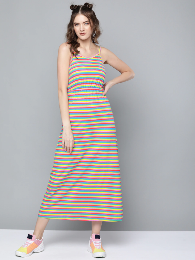 Women Rainbow Stripes Strappy Maxi Dress