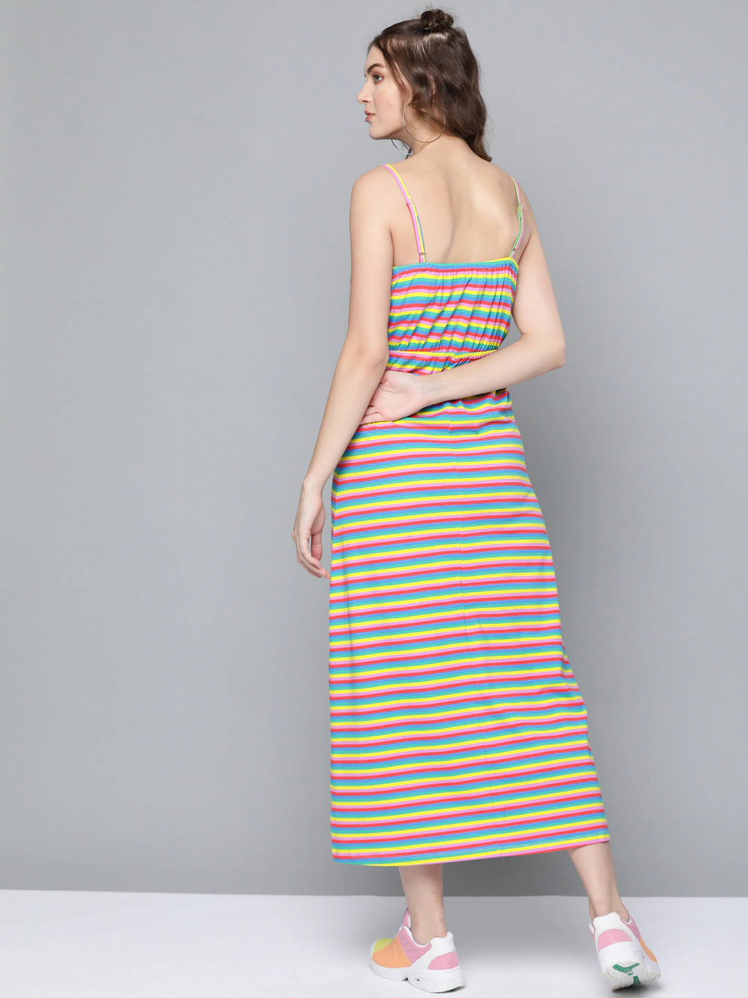 Women Rainbow Stripes Strappy Maxi Dress