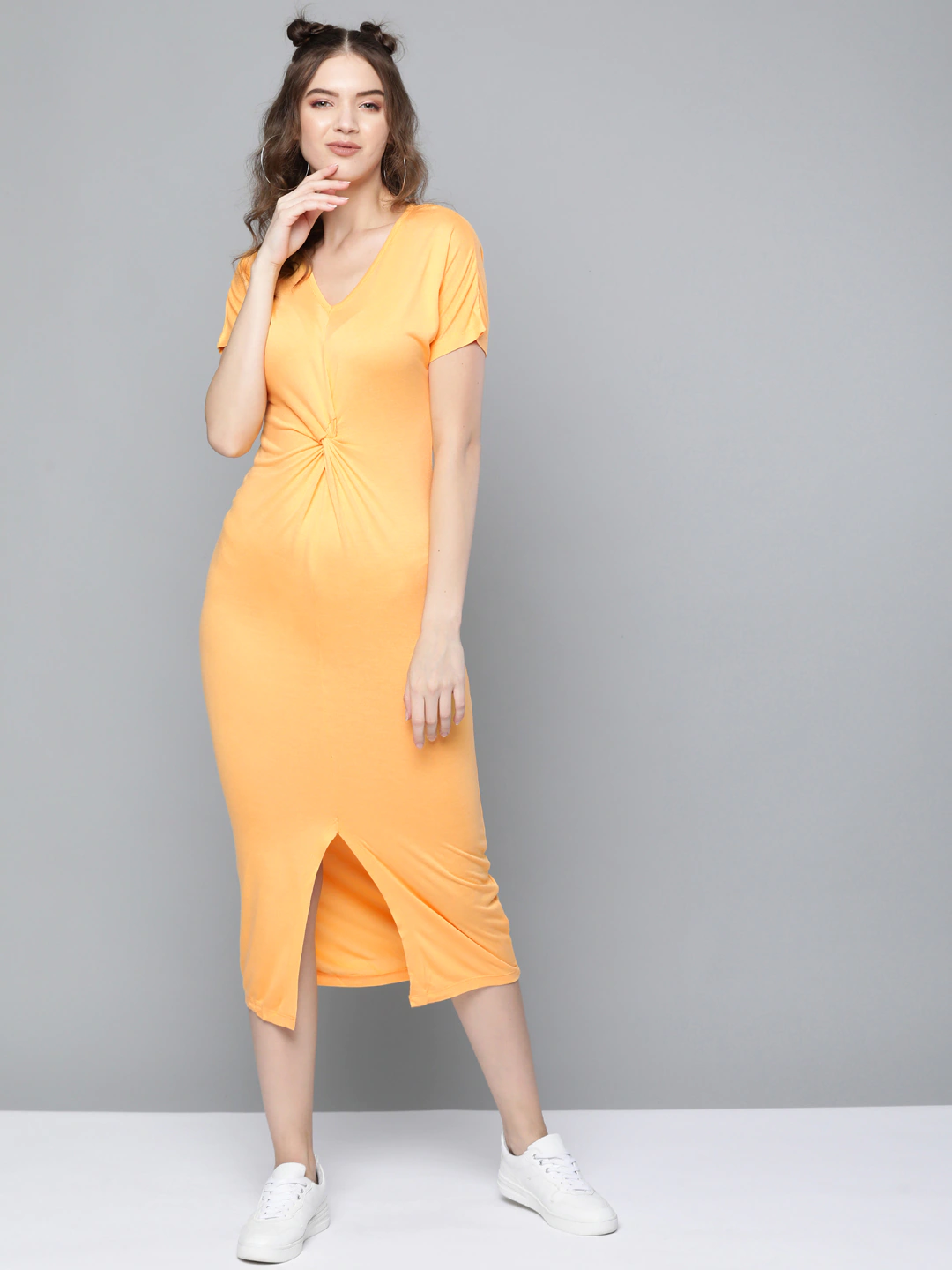 Women Mustard Front Knot Maxi Dress