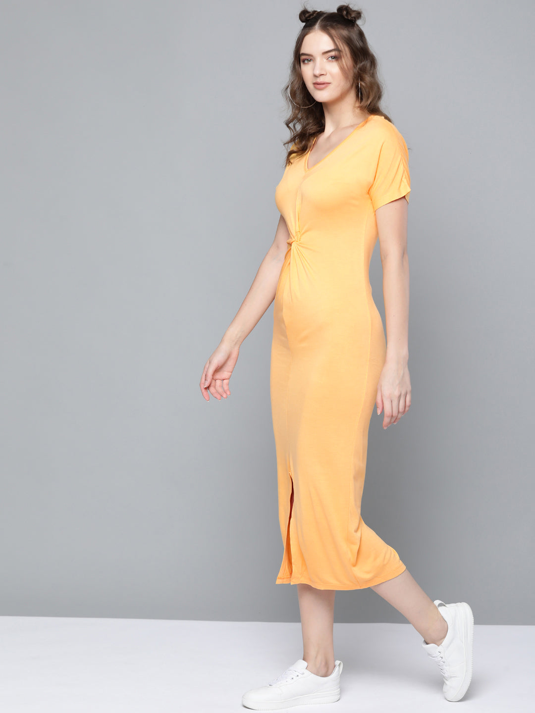 Women Mustard Front Knot Maxi Dress