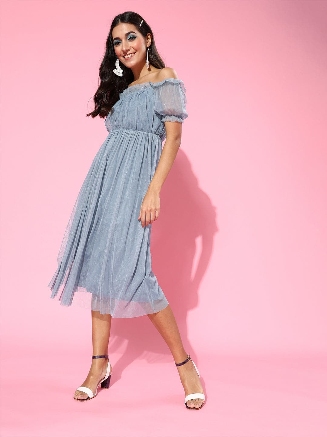 Women Blue Mesh Lurex Bardot Midi