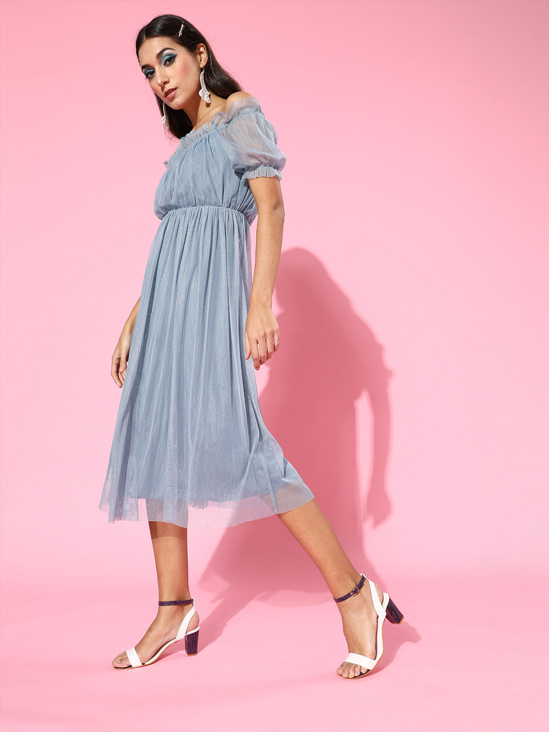 Women Blue Mesh Lurex Bardot Midi