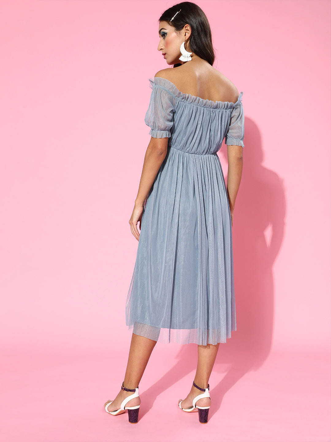 Women Blue Mesh Lurex Bardot Midi