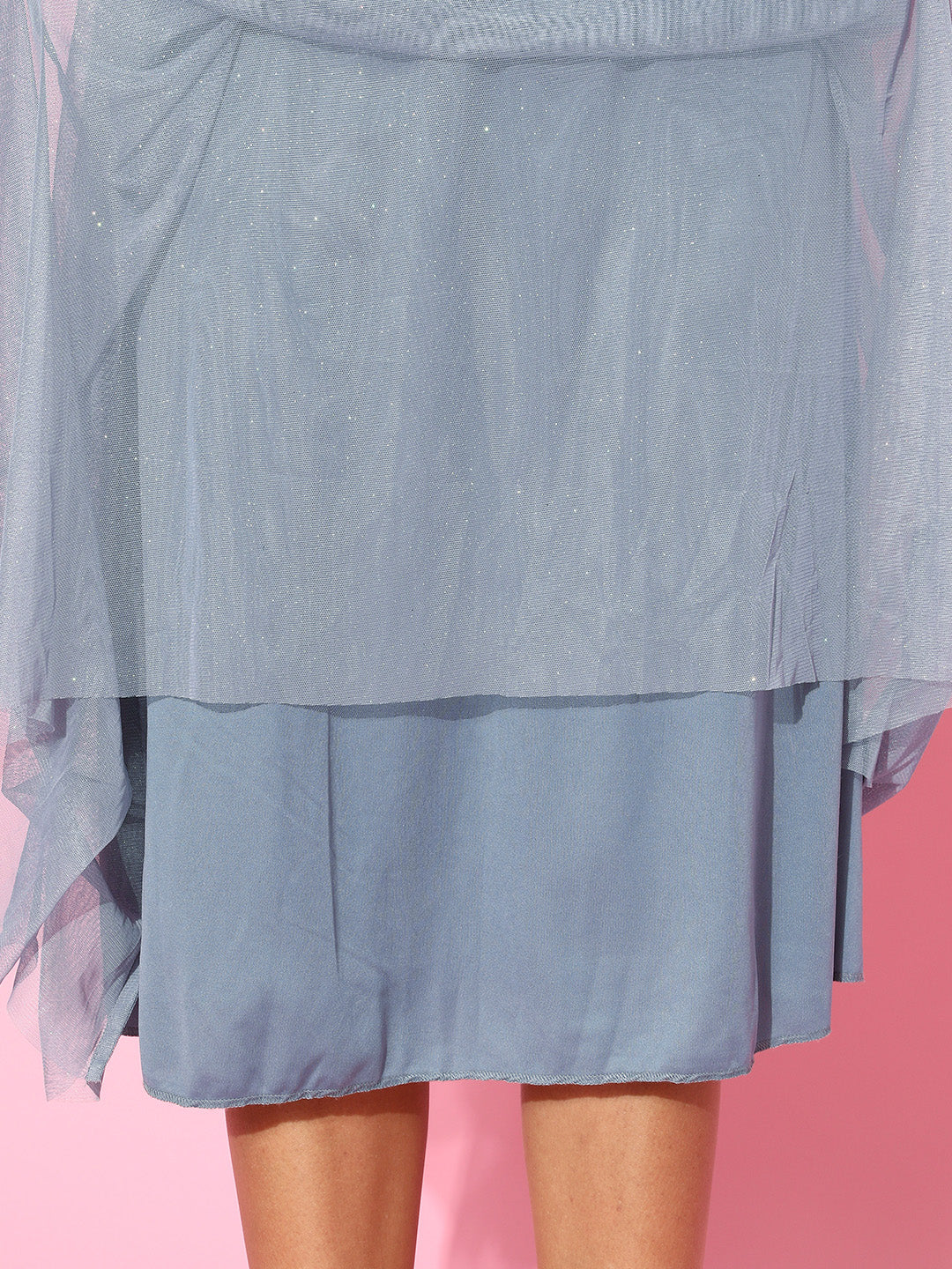Women Blue Mesh Lurex Bardot Midi