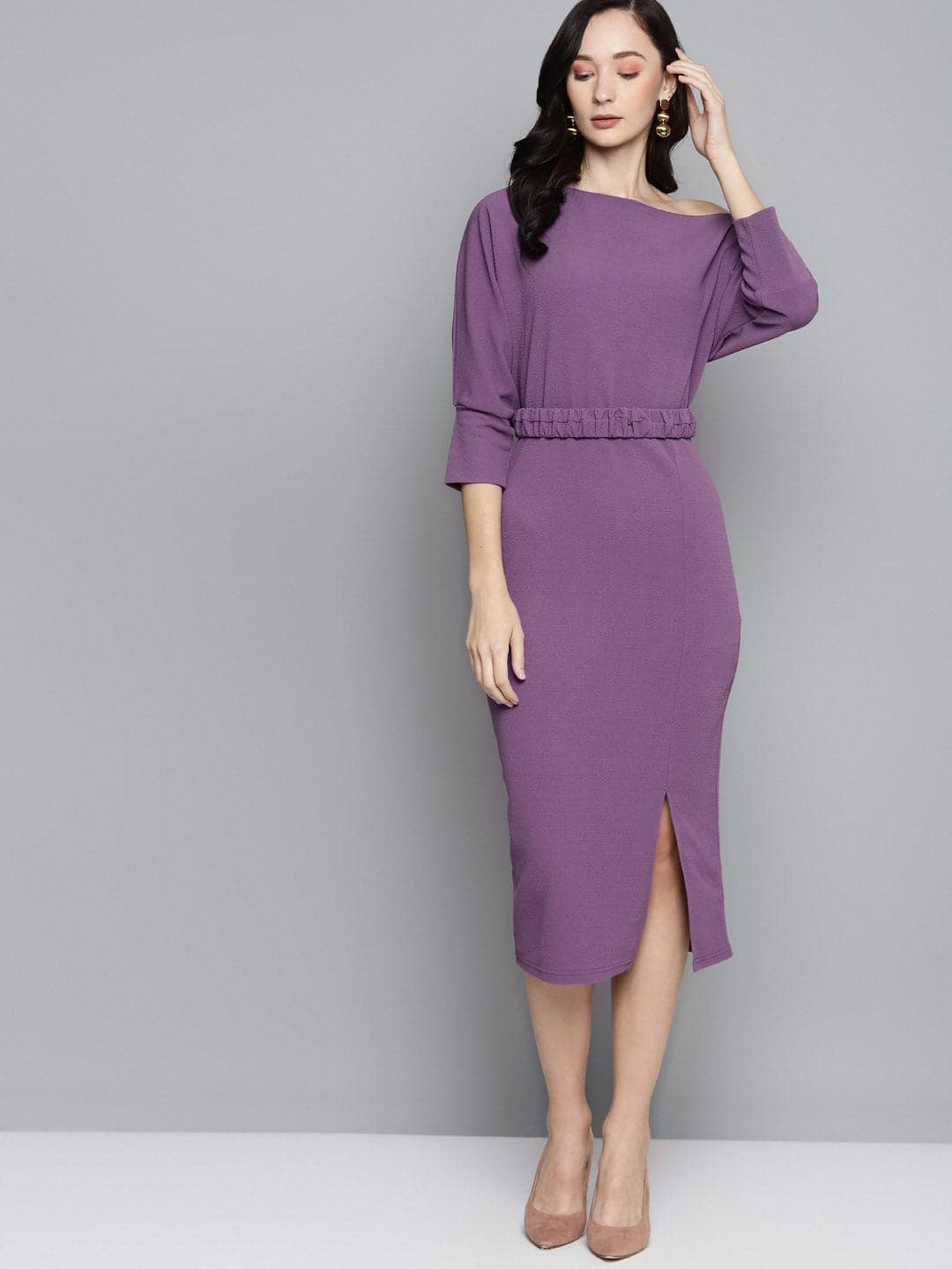 Women Lavender Belted Drop Shoulder Midi Dress