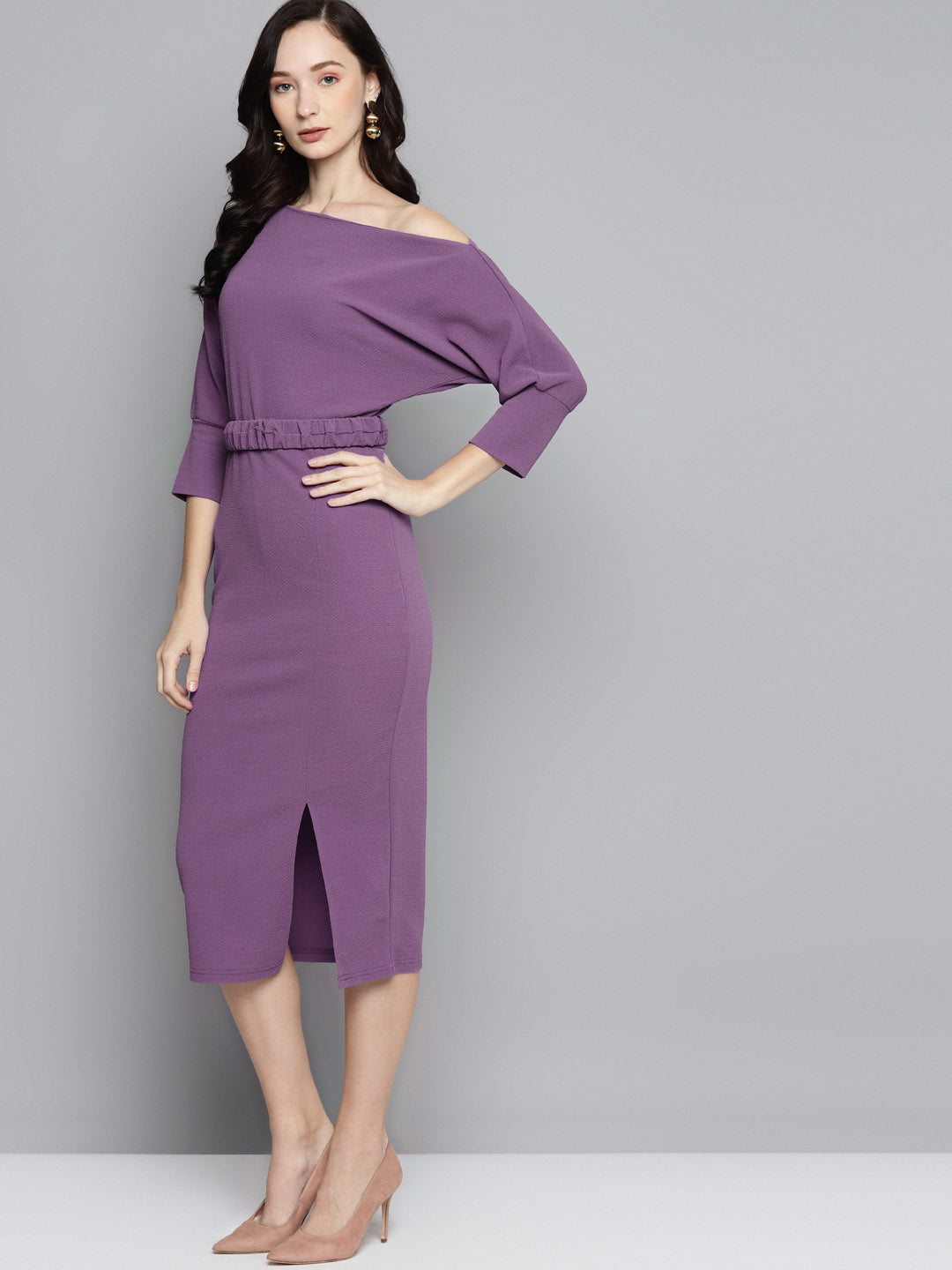 Women Lavender Belted Drop Shoulder Midi Dress