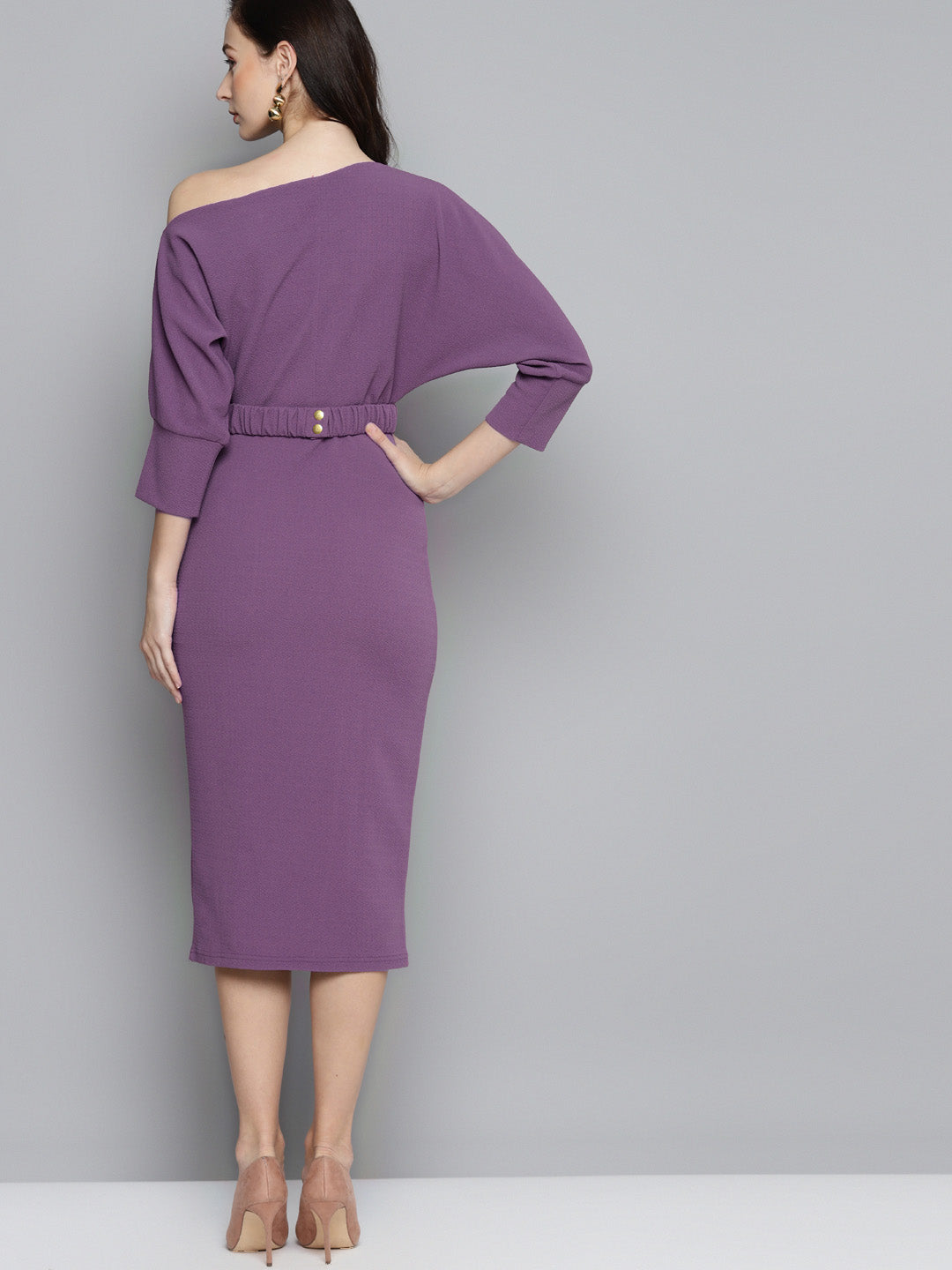 Women Lavender Belted Drop Shoulder Midi Dress