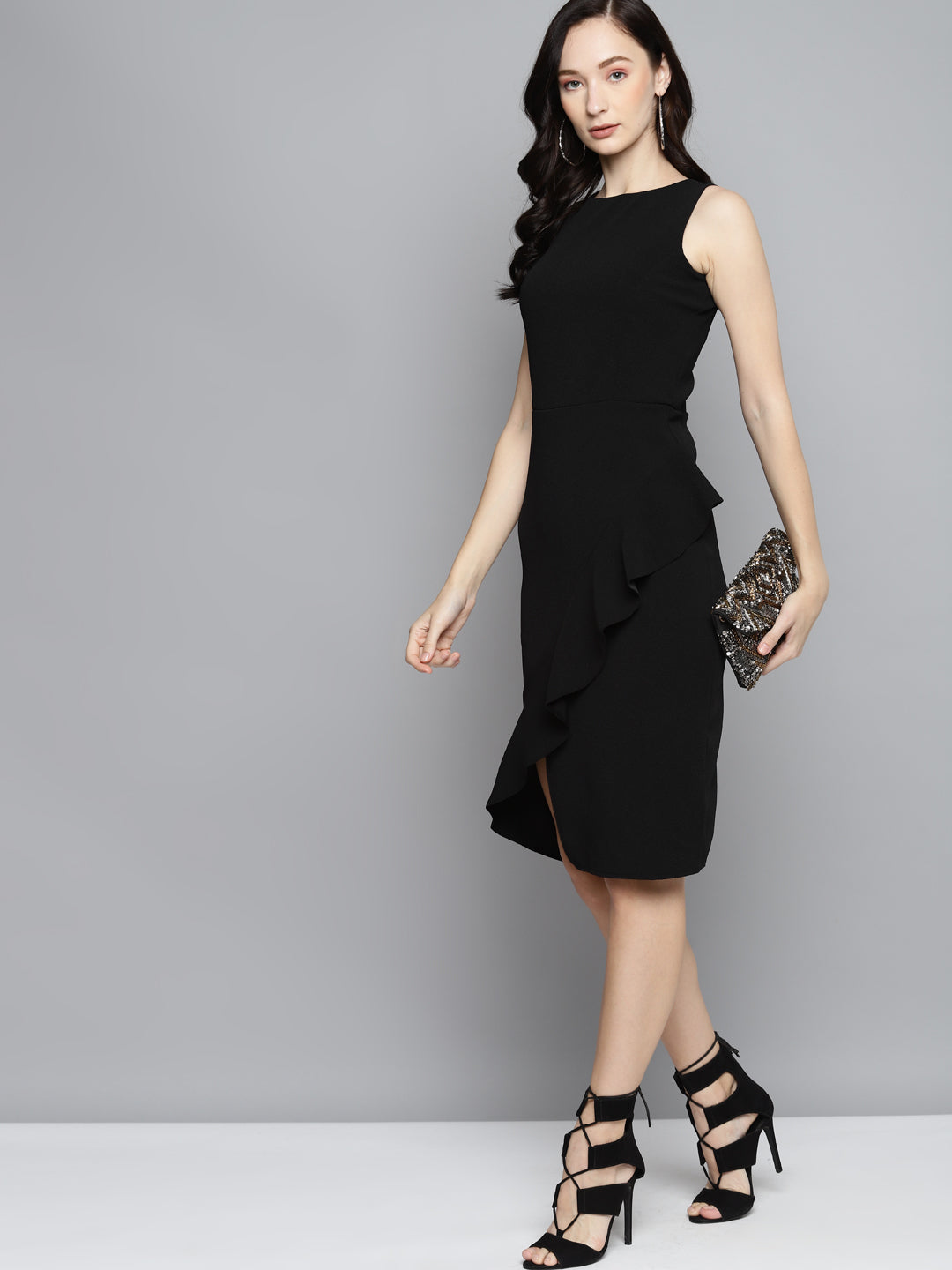 Women Black One Side Frill Bodycon