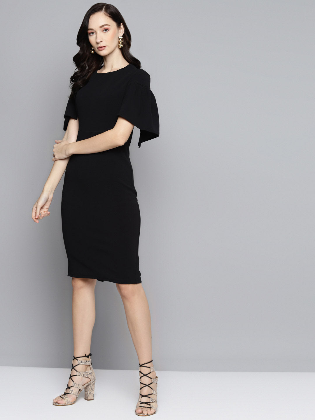 Women Black Frill Cape Bodycon Dress