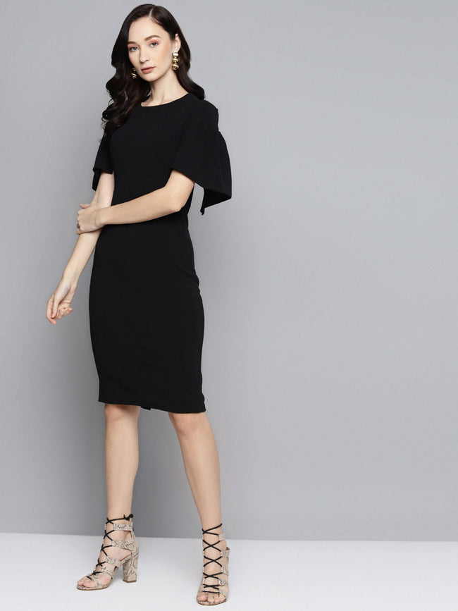 Women Black Frill Cape Bodycon Dress