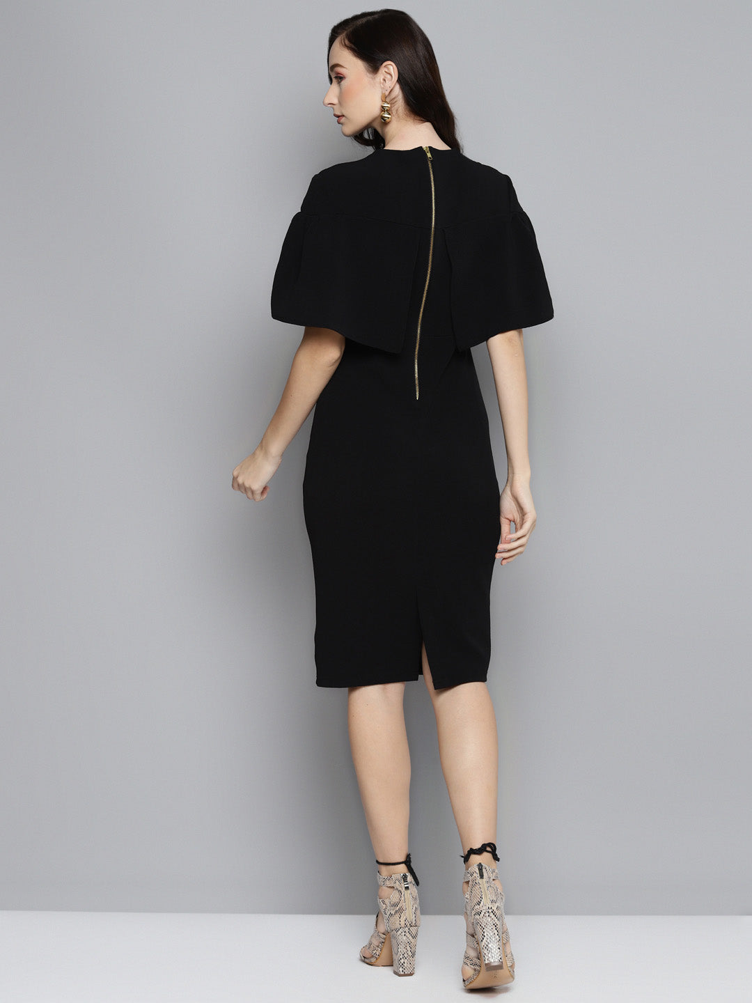 Women Black Frill Cape Bodycon Dress