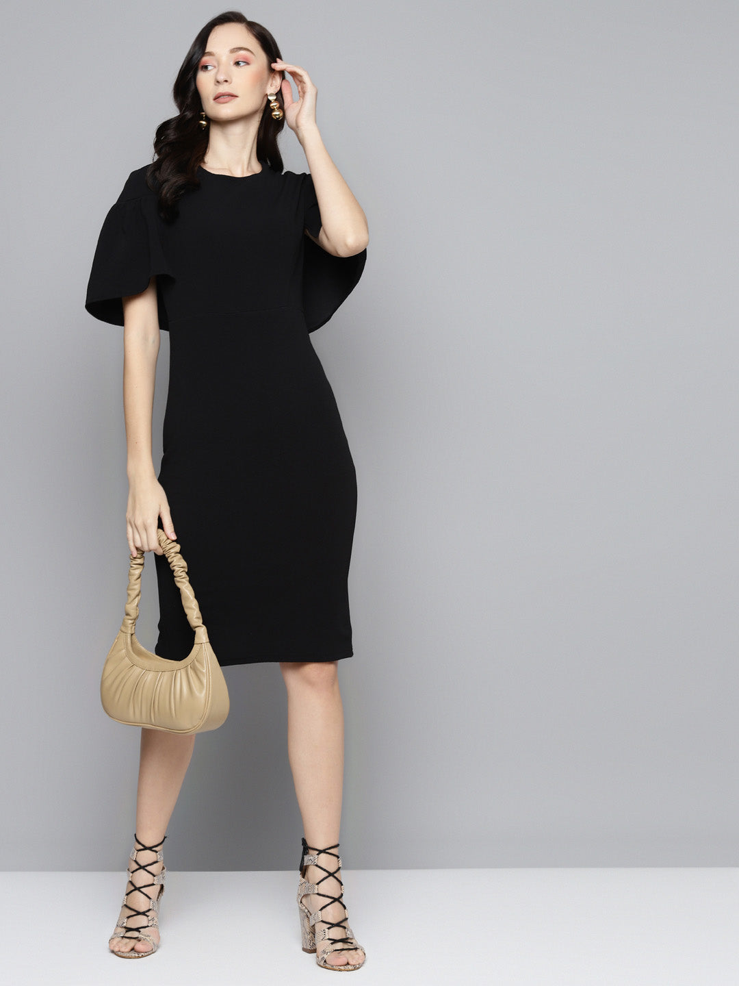 Women Black Frill Cape Bodycon Dress