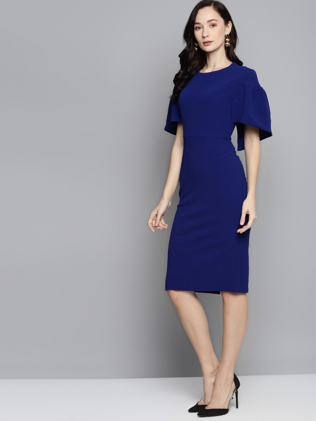 Women Royal Blue Frill Cape Bodycon Dress