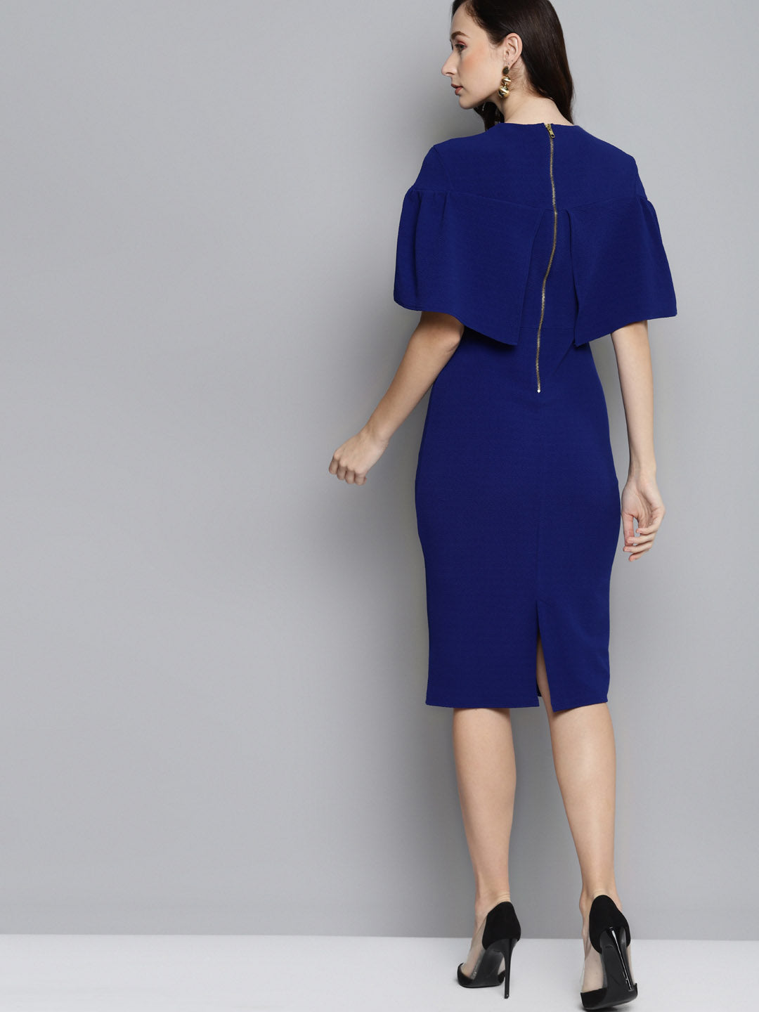 Women Royal Blue Frill Cape Bodycon Dress