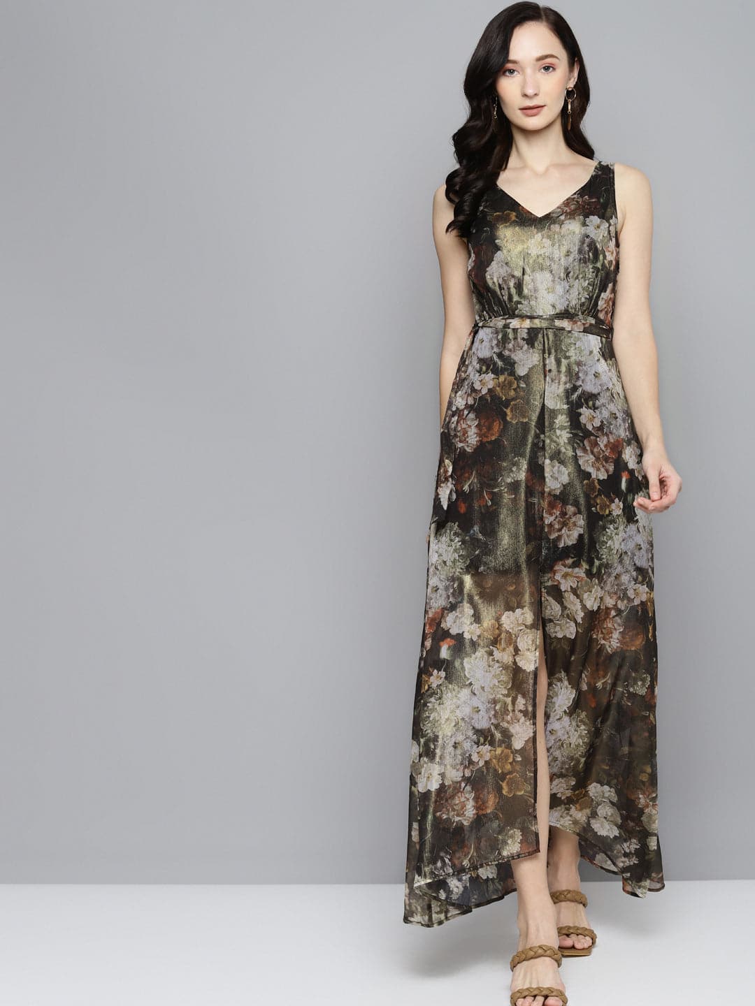 Women Green Floral Chiffon V-Neck Belted Maxi
