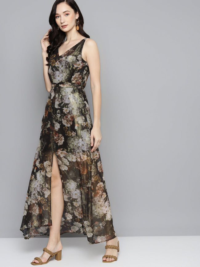 Women Green Floral Chiffon V-Neck Belted Maxi