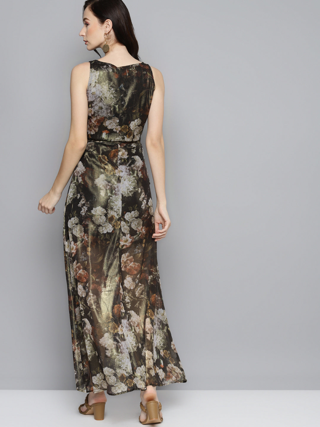 Women Green Floral Chiffon V-Neck Belted Maxi