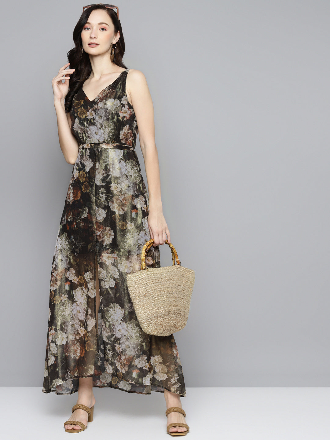 Women Green Floral Chiffon V-Neck Belted Maxi