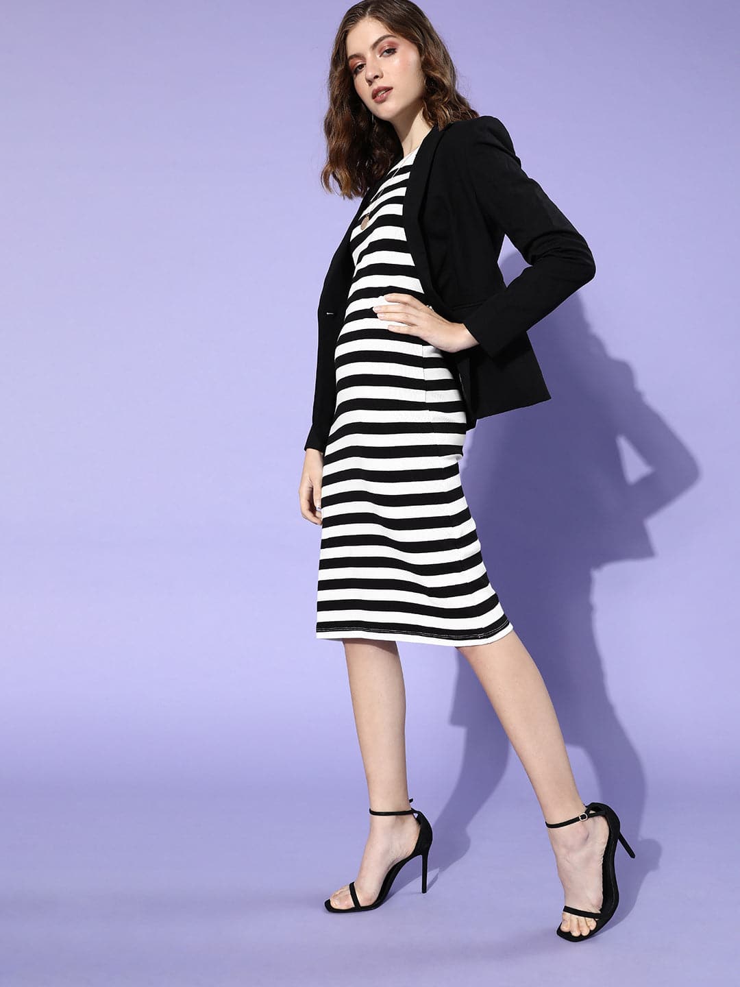 Women Black & White Stripe Rib Bodycon Dress