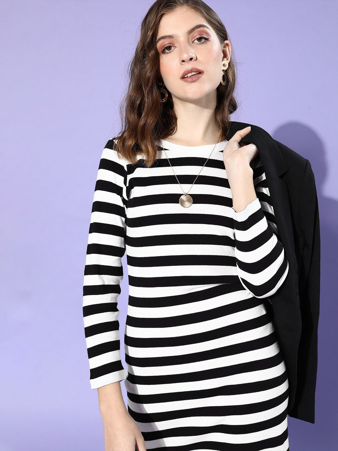Women Black & White Stripe Rib Bodycon Dress