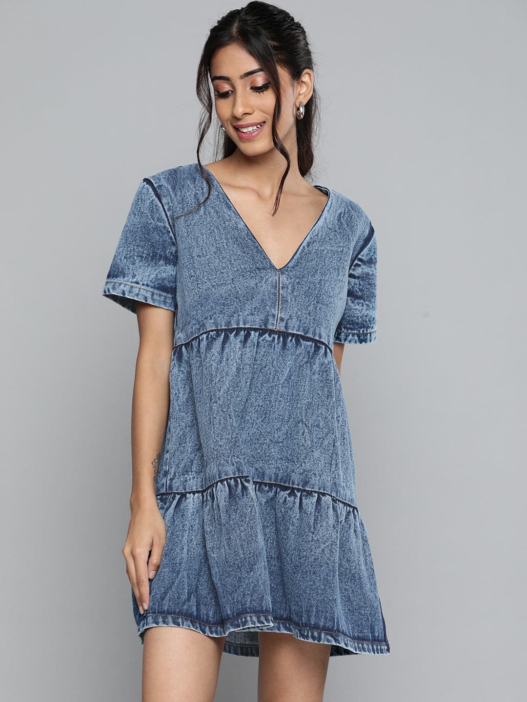 Women Blue Denim Tiered Shorts Dress