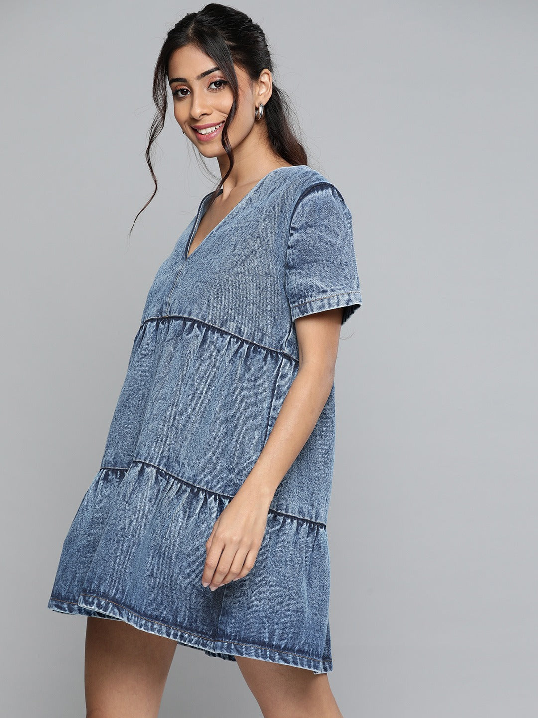 Women Blue Denim Tiered Shorts Dress