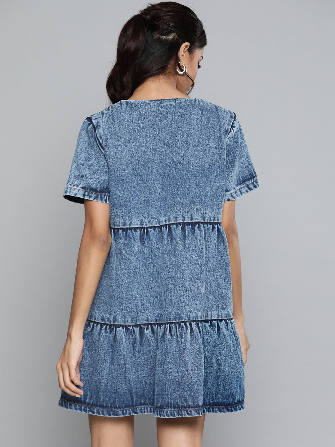 Women Blue Denim Tiered Shorts Dress