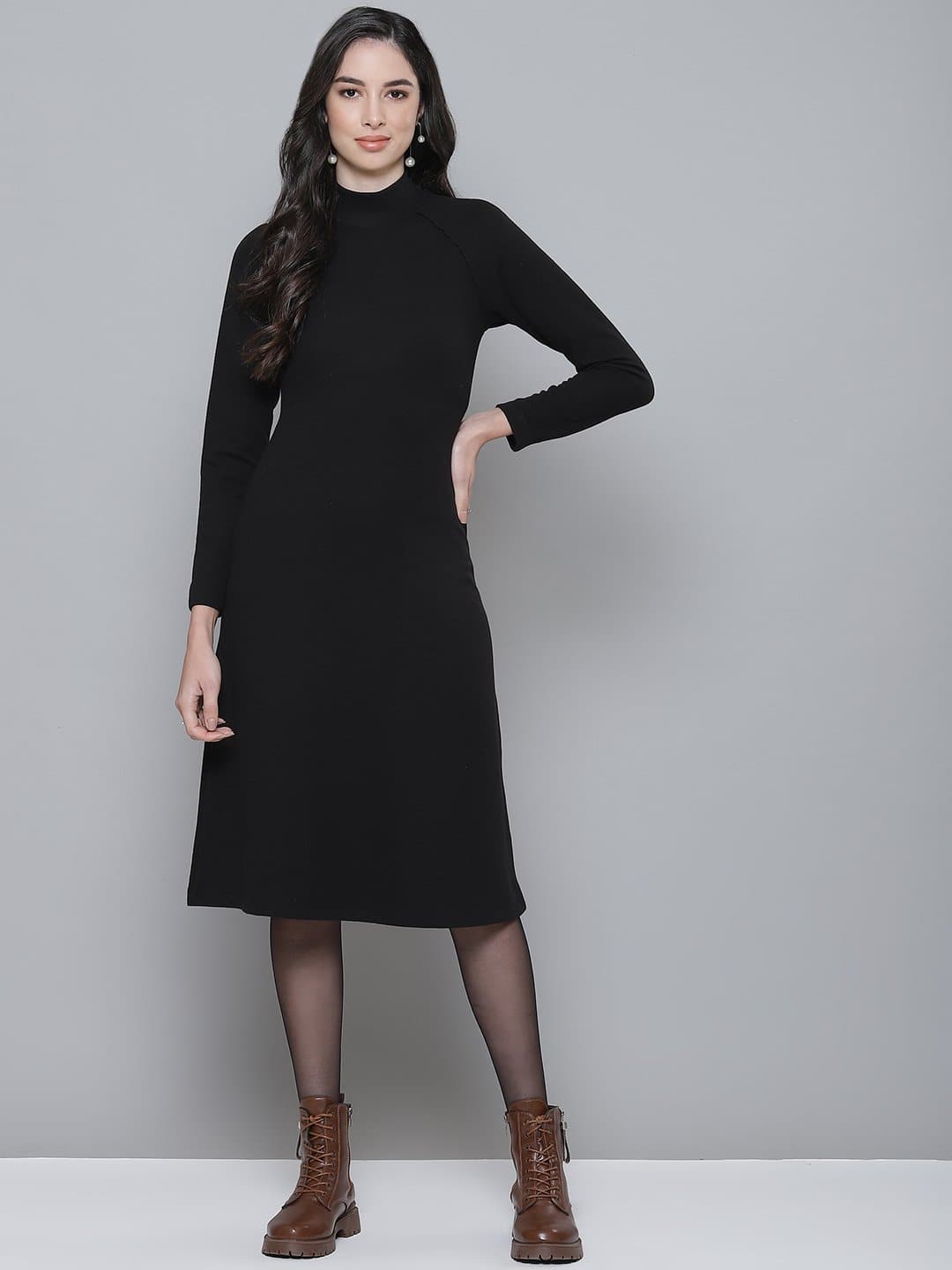 Women Black Turtle Neck Raglan Sleeve Midi Dress