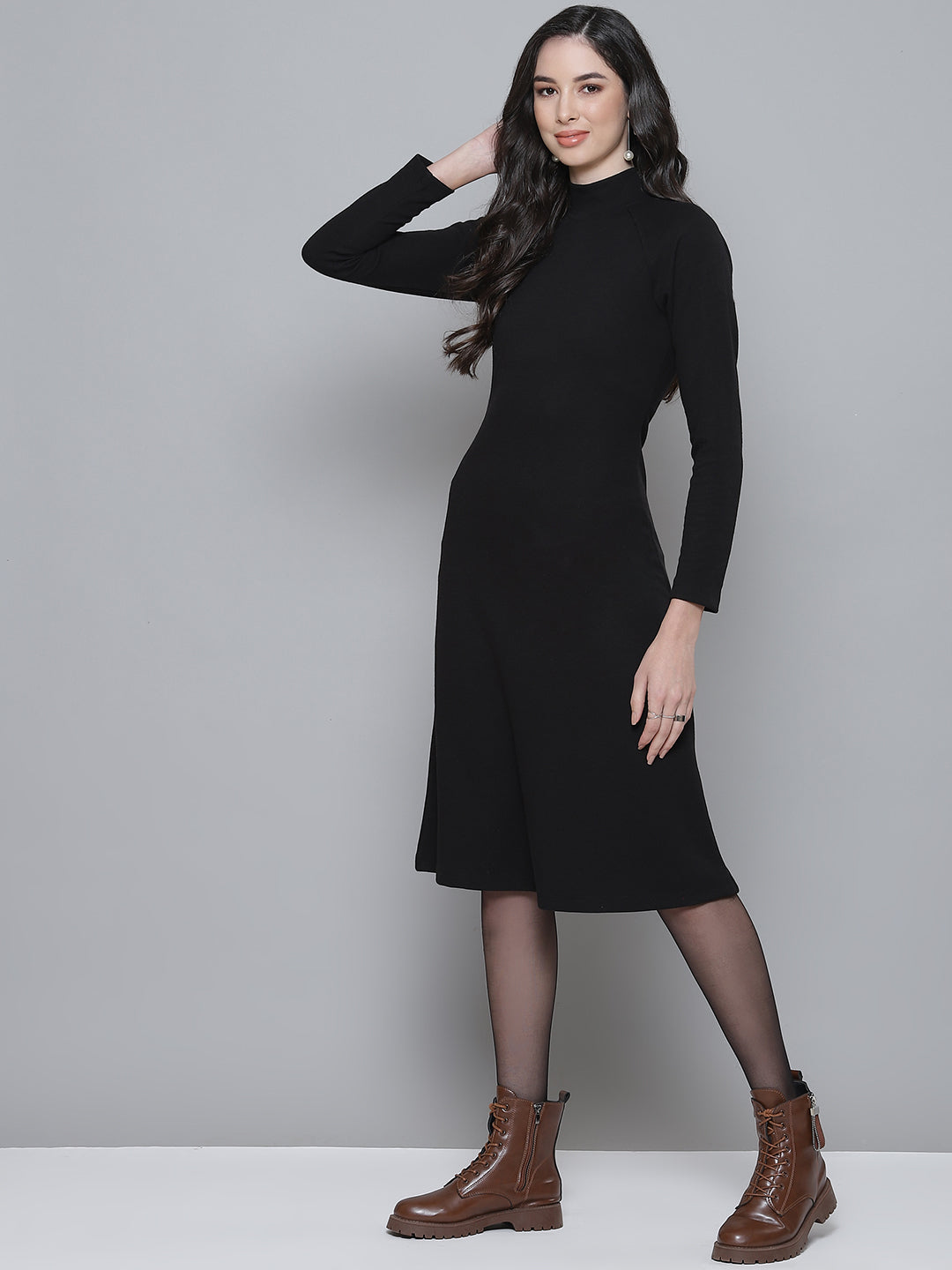 Women Black Turtle Neck Raglan Sleeve Midi Dress