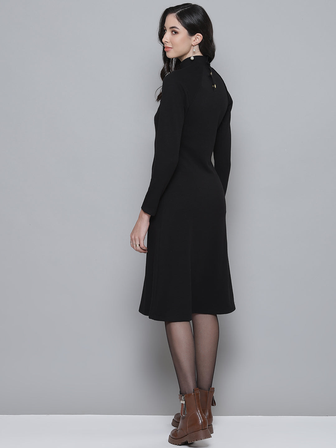 Women Black Turtle Neck Raglan Sleeve Midi Dress