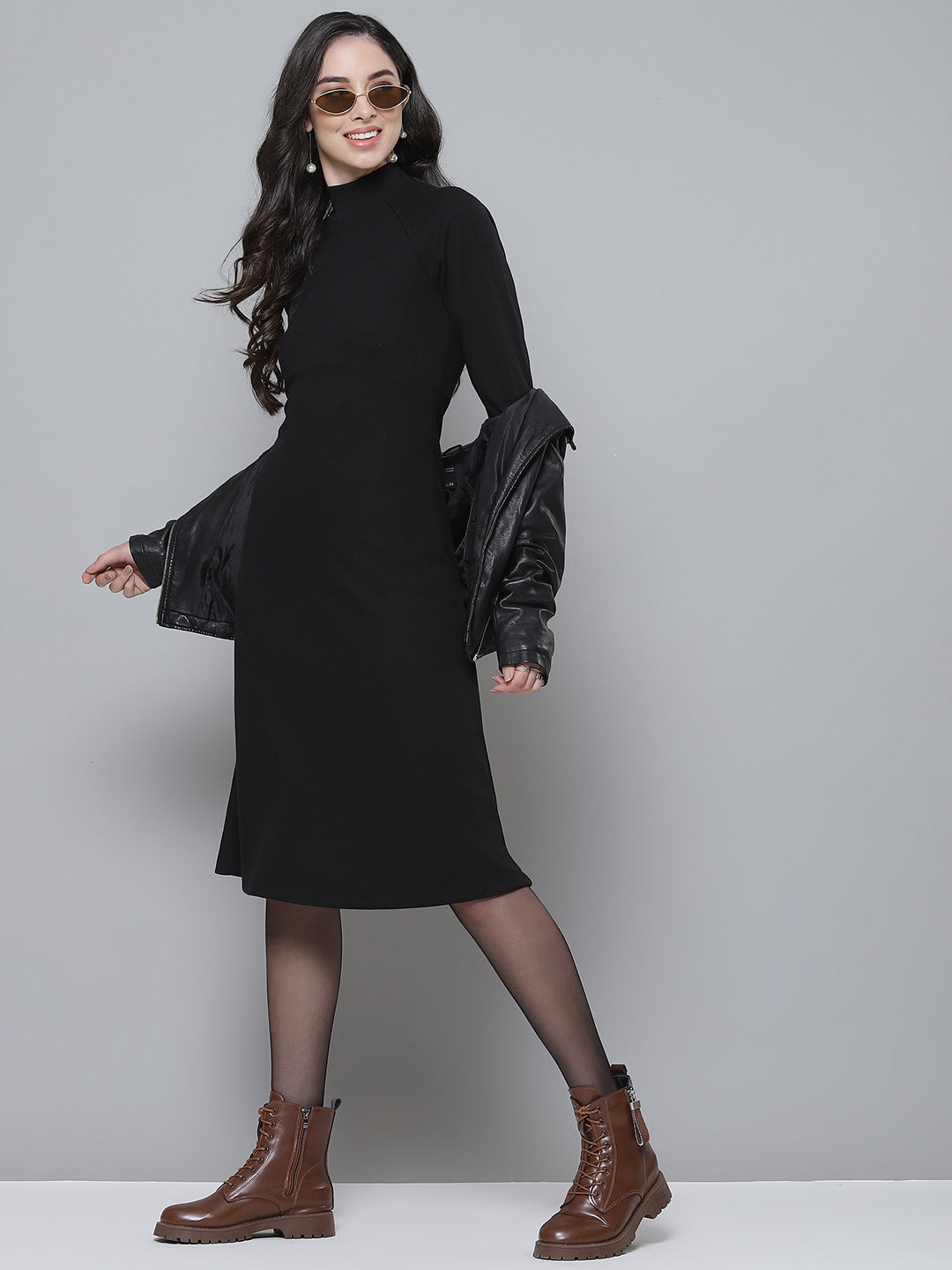 Women Black Turtle Neck Raglan Sleeve Midi Dress