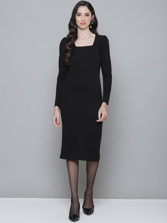 Women Black Square Neck Bodycon Dress