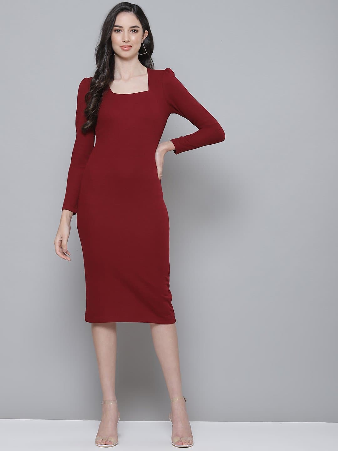 Women Maroon Square Neck Bodycon Dress