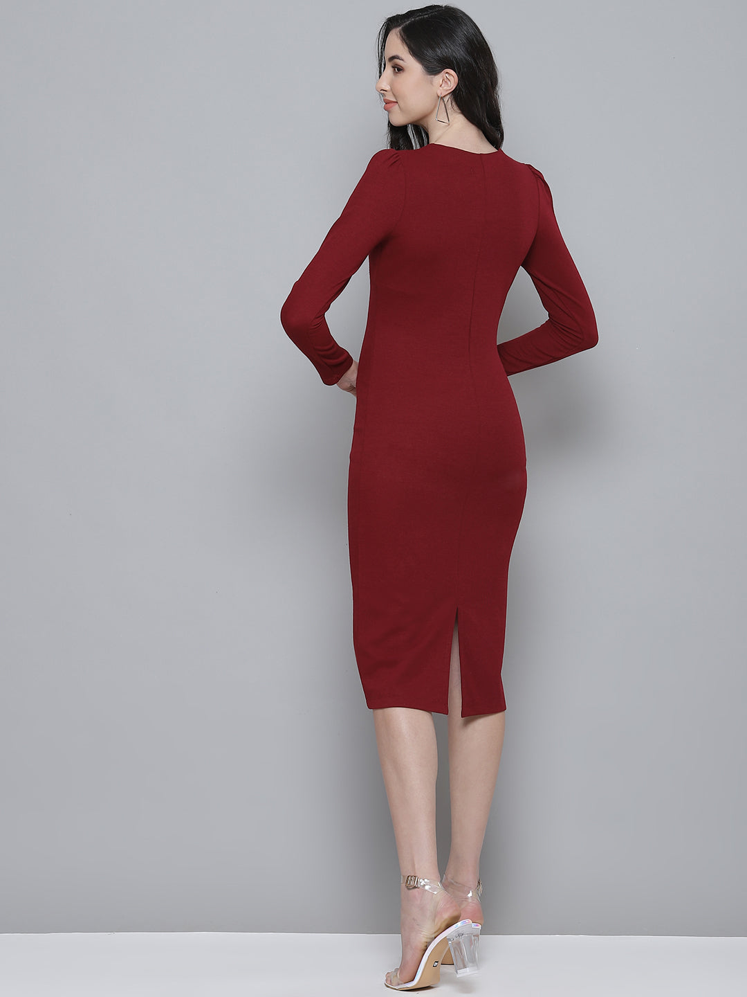 Women Maroon Square Neck Bodycon Dress