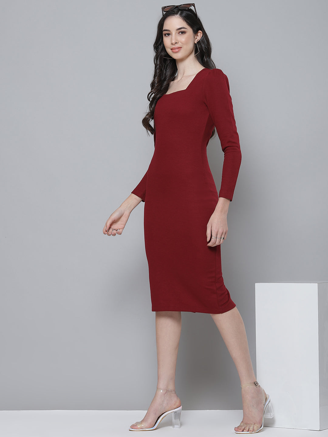 Women Maroon Square Neck Bodycon Dress