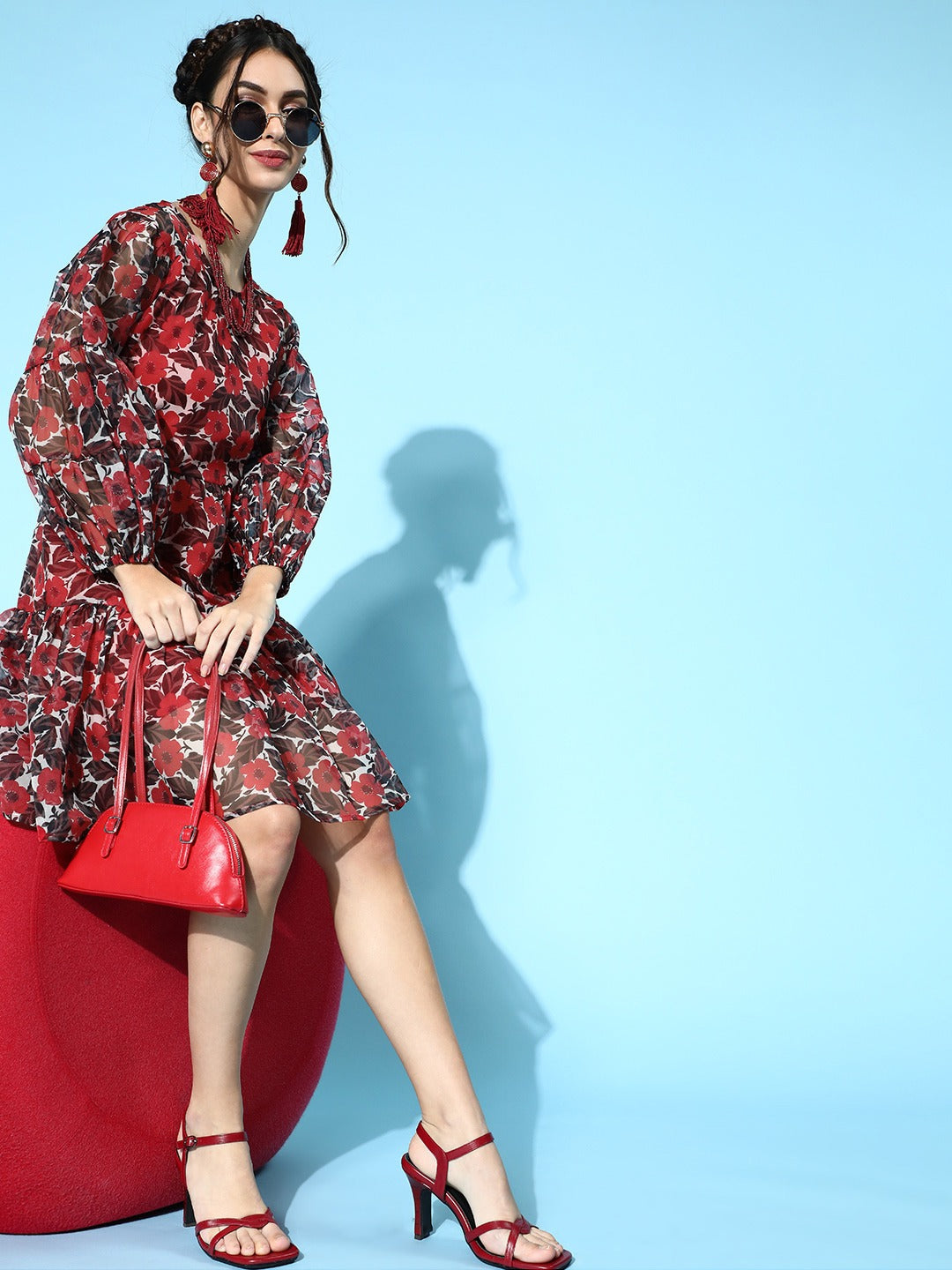 Women Red Floral Organza Tiered Short Dress