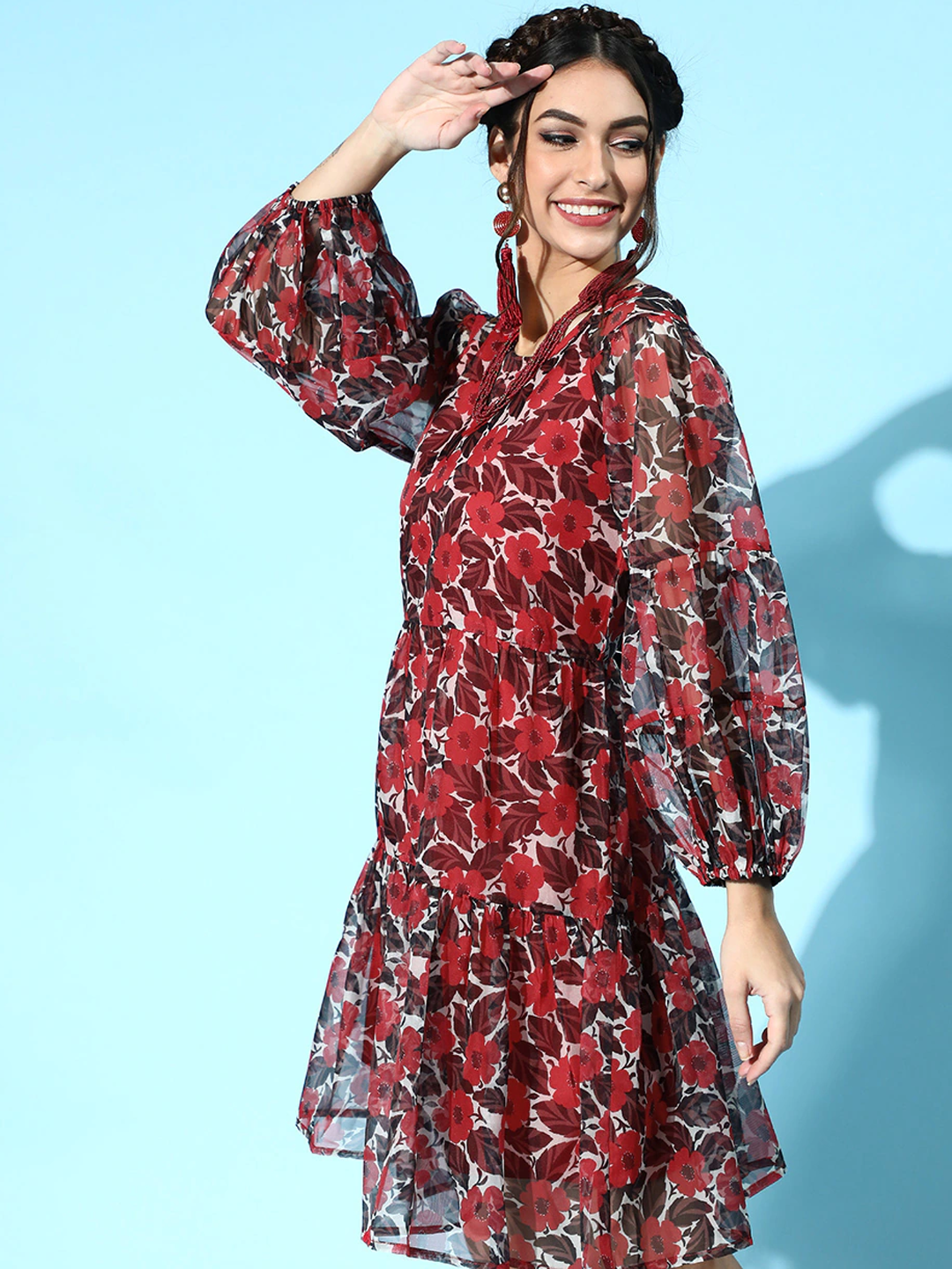 Women Red Floral Organza Tiered Short Dress