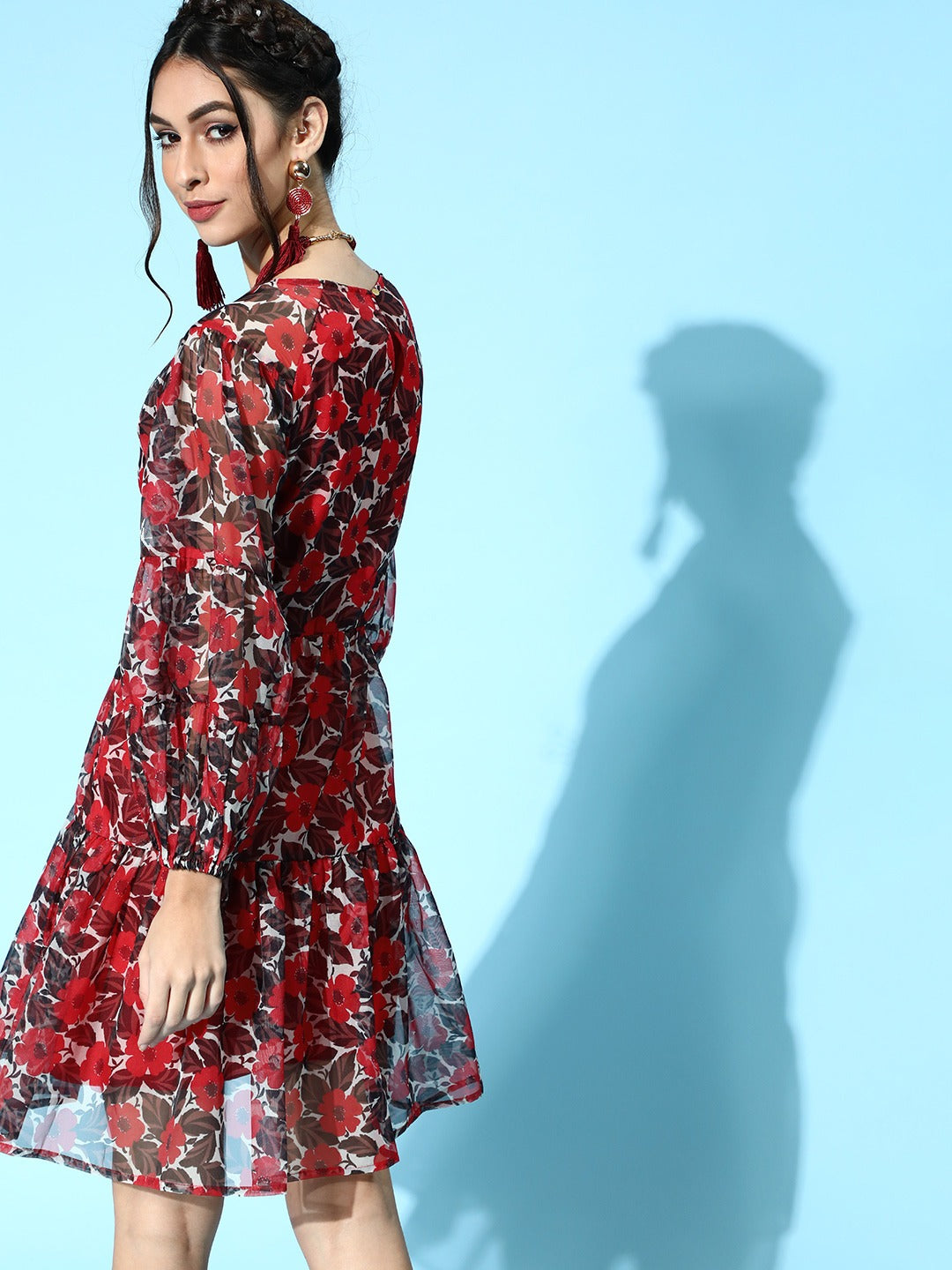 Women Red Floral Organza Tiered Short Dress