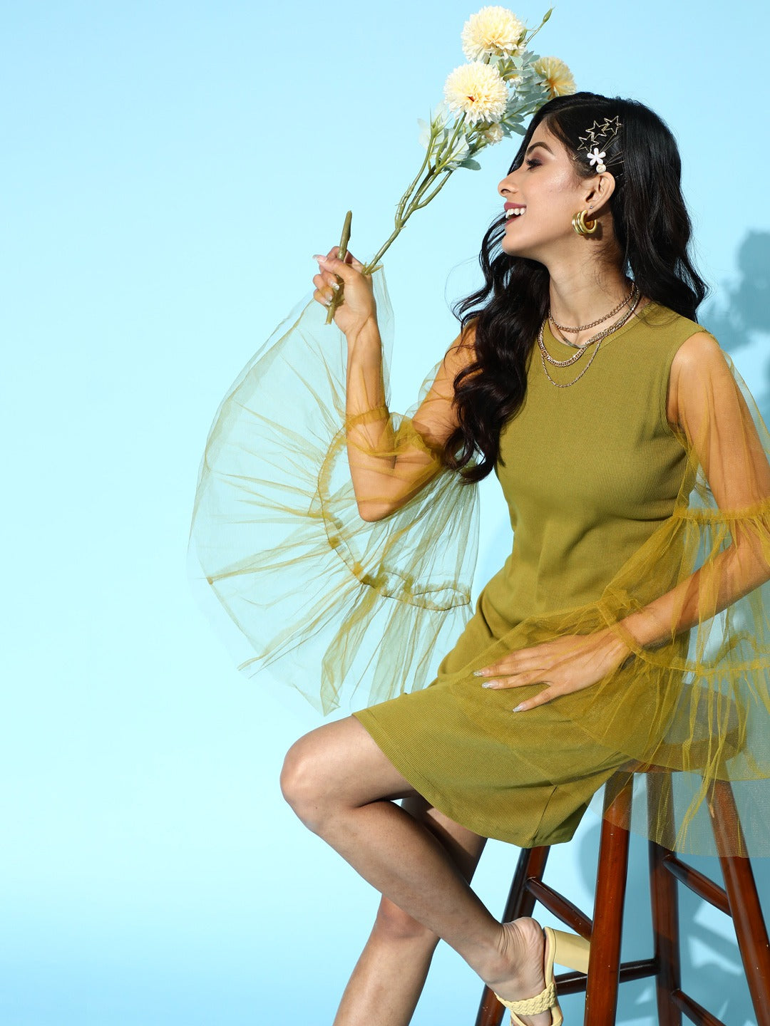 Women Green Tulle Flare Sleeve Bodycon