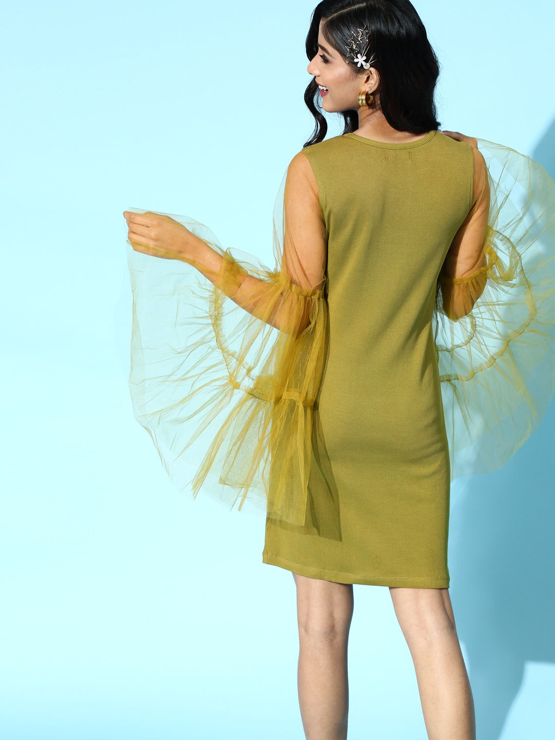 Women Green Tulle Flare Sleeve Bodycon