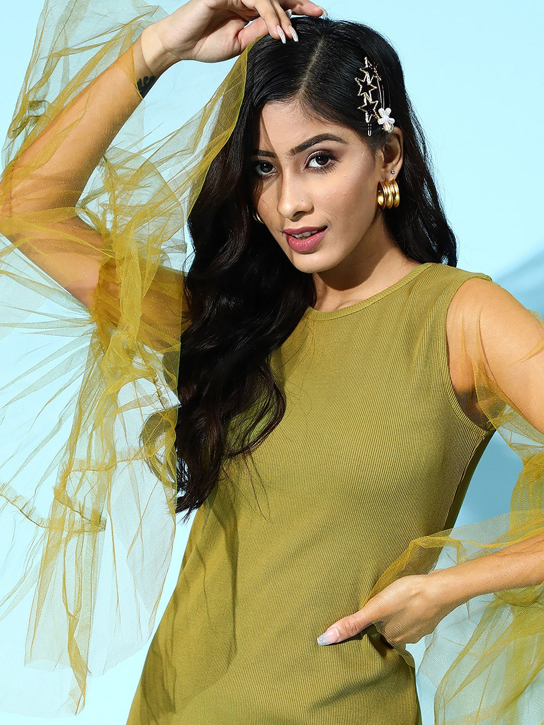 Women Green Tulle Flare Sleeve Bodycon