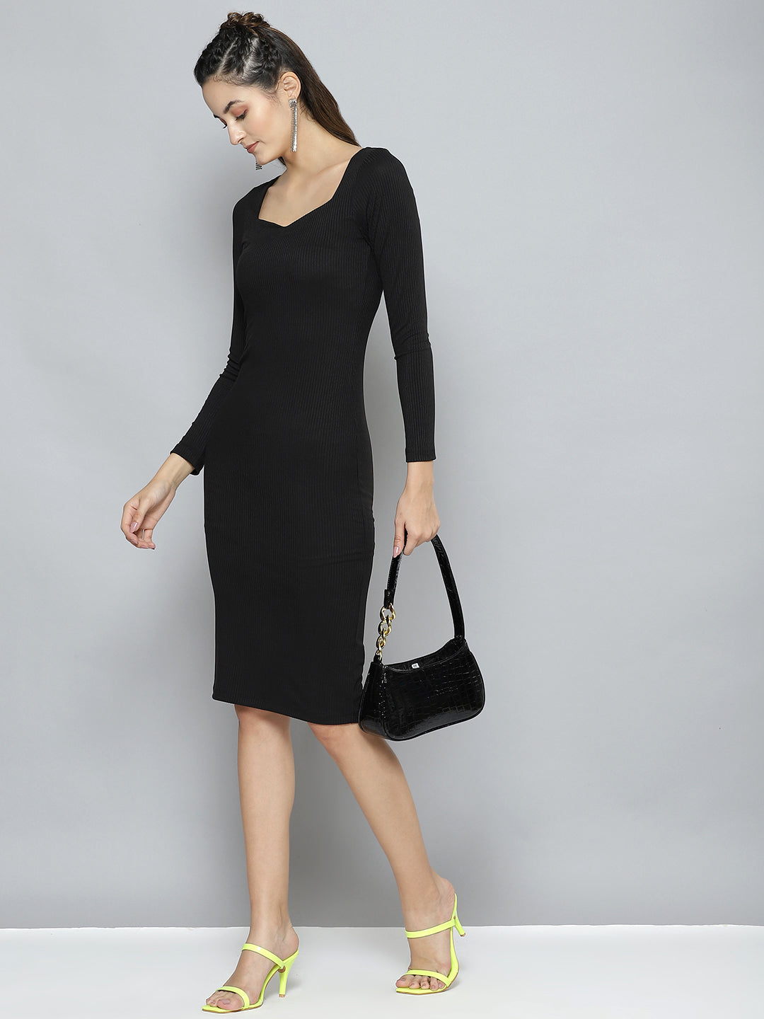 Women Charcoal Rib  BodyCon Midi Dress