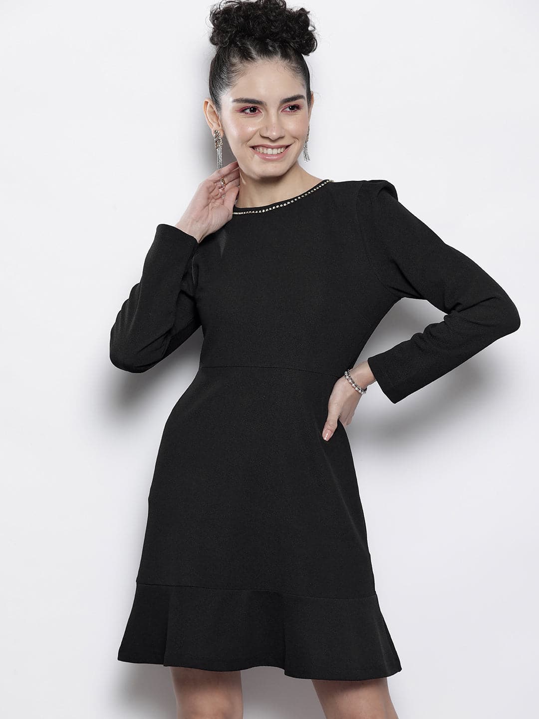 Women Black Frill Hem Knit Dress